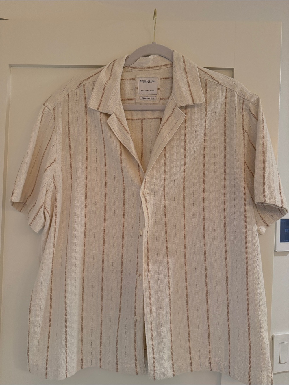 Denim & Flower Short-Sleeve Camp Collar Shirt - Cream and Tan Stripes